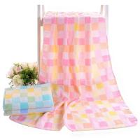柔软双层纱布彩方格浴巾夏季卡通印花婴幼儿童宝宝浴巾吸水毛巾被 粉格 长方形 70*140cm