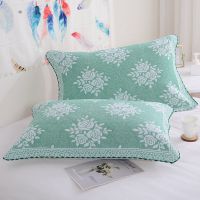 [枕巾一对装]三层纱布棉枕巾成人大号加厚情侣枕头巾柔软透气 欧式花(绿)-花边款 一对装(52x78cm)