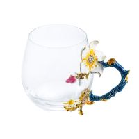 杏花珐琅彩水杯套装 洛施花舍水晶玻璃杯办公室咖啡杯少女心水杯 杏花矮(不含勺)简装