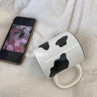 手捏胖胖泼墨点马克杯芝麻釉陶瓷INS韩式小众办公室水杯 黑边奶牛陶瓷杯