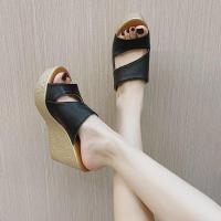 松糕厚底超高跟坡跟凉拖鞋女2021新款大码韩版超轻底增高外穿拖鞋 黑色 35