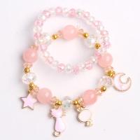 女童手链少女手环饰品女孩亲子卡通公主仿水晶手镯可爱小挂件手串 Q715 粉猫星月款