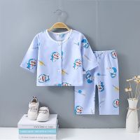 儿童棉绸睡衣套装夏季男童女童九分袖空调服薄款宝宝睡衣家居服 蓝色叮当猫 73