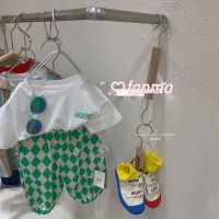 儿童套装韩国童装夏季新款韩版男女小童字母印花棉T恤时尚七分裤 白色 白色上+绿色裤子 80 建议身高75-80可开裆