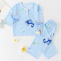 夏季儿童棉绸睡衣男童女童小孩宝宝绵绸长袖空调服薄款家居服套装 蓝底恐龙 [55码]建议身高60-70厘米
