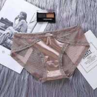 蕾丝内裤女欧美复古性感火辣缎面镂空透明网纱无痕中腰包臀三角裤 香槟 M码[建议80-100]