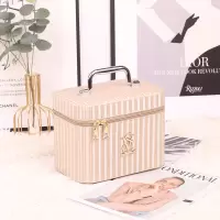 化妆包多功能大容量新款超火防水小号便携化妆护肤品收纳盒手提箱 米色竖条小号单箱