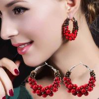 远方情复古串珠女耳圈气质个性饰品欧美波西米亚民族耳环耳饰E256 珍珠耳圈款 古典红