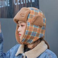 雷锋帽子女秋冬季韩版百搭潮格子羊羔毛绒保暖护耳字母骑车棉帽 0066#-橘黄色