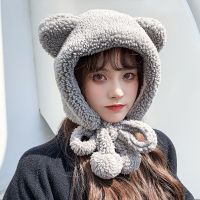 雷锋帽日系可爱熊耳朵护耳韩版潮百搭毛绒ins包头帽子女冬季学生 小熊款-灰色 均码小熊款帽子