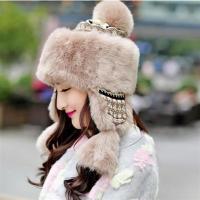 雷锋帽女士潮冬天毛线仿狐狸毛东北帽加绒加厚护耳帽韩版防风帽子 毛线款卡其色 均码