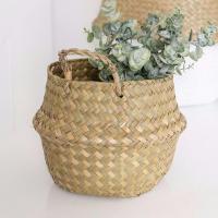 北欧海草编织花篮天堂鸟龟背竹花盆大肚折叠收纳篮家居装饰编织篮 原色(配送防水壳) 迷你款 直径20*高19