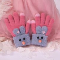 儿童手套冬女公主小学生保暖可爱户外女童五指手套防寒雪貂绒指套 小兔玫红[建议6-12岁]