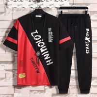 男童短袖套装夏装胖男孩13学生大童T恤两件套帅气12-15岁男装衣服 红色拼接套装长裤 3XL(140-155斤)