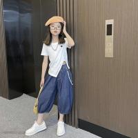 儿童套装女夏装短袖女童洋气薄款牛仔裤中大童宽松灯笼裤两件套潮 白色 牛仔灯笼裤套装 160 建议身高145-155