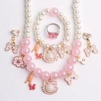 儿童项链手链女童个性挂件首饰品小女孩戒指无洞耳夹宝宝可爱项链 Q625 珍珠猫头5件套