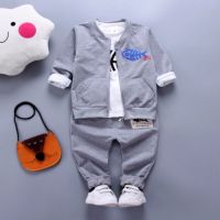 儿童小西装套装男童帅气春秋装男女宝宝婚礼演出服2021新款衣服潮 小鱼儿三件套(灰色) 73码5-10个月(13-17斤