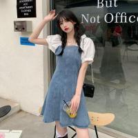 大码女装早春装2021年新款胖mm法式设计感小众假两件牛仔连衣裙女 短袖牛仔连衣裙 L[105-115斤]