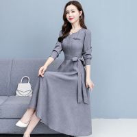 长袖时尚棉麻连衣裙女2021秋装新款韩版高贵气质修身显瘦中长裙女 灰色 M 90到100斤