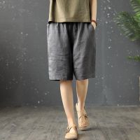 棉麻短裤女士春夏季女装新款文艺风宽松亚麻直筒裤休闲五分裤高腰 灰色 XL[120-132斤]