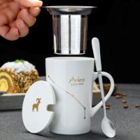 创意陶瓷水杯星座马克杯男生潮流咖啡杯带盖勺办公室泡茶杯子家用 白羊座(白)