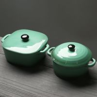苏氏陶瓷燕窝汤盅炖罐汤煲蒸蛋盅陶瓷甜品汤锅汤碗一方一圆2个装 J0097绿色