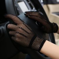 夏天女夜场领舞网状高弹力薄款网格婚纱手套女司机开车骑行手套 黑色