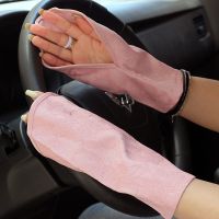 夏季蕾丝漏指防晒手套女短款骑车户外防紫外线冰丝棉中长款袖套 勾指玫瑰花粉色