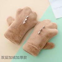 手套冬季女骑车可爱ins猫爪保暖骑行韩版学生挂脖手套女加绒加厚 咖啡[加绒熊爪带挂绳]