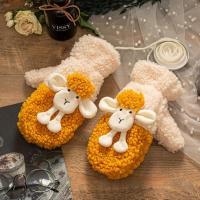 韩版可爱加绒加厚羊羔卡通冬季学生保暖挂脖ins棉包指女连指手套 黄色[小羊全指加绒]