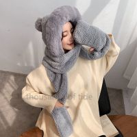 韩系秋冬帽子女毛绒加厚双层东北帽保暖骑车帽子围巾手套一体礼物 毛球灰色