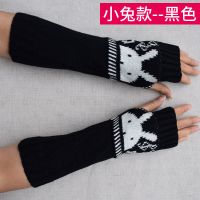 手套女冬天学生可爱女士露指韩版冬季加厚保暖骑车手臂套毛线半指 黑色[小兔款]