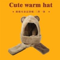 帽子女秋冬季百搭可爱冬天围巾一体韩版骑车保暖手套三件套时尚潮 卡其色