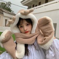 鹿角帽子韩版可爱女百搭秋冬季小熊围巾一体骑车保暖手套三件套潮 咖色
