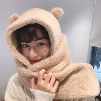 小熊帽子韩版可爱女百搭秋冬季冬天围巾一体骑车保暖手套三件套潮 帽子围巾二合一[卡其色]