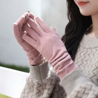 新款女士秋冬季保暖手套女冬骑车骑行棉加绒防寒分指高弹可爱护手 兔毛绒打皱 皮粉