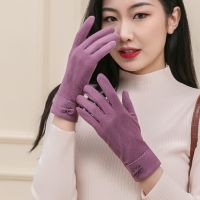 手套冬季女保暖可爱骑车可触屏薄款春秋季棉五指冬天开车防寒德绒 小蝴蝶结+宝石红[不加绒]