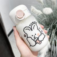 水杯女简约清新森系带吸管式玻璃杯韩版便携可爱少女心ins风杯子 奶茶小兔350ML 单杯