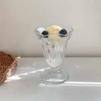 法式复古vintage磨砂花朵彩色玻璃杯冰淇淋杯冷饮杯花瓶摆件两用 透明花朵玻璃杯