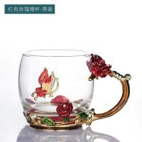 珐琅彩水杯玻璃杯子家用洛施花舍玫瑰花带把套装耐热茶杯厂家批发 红玫瑰矮杯简装 301-400ml