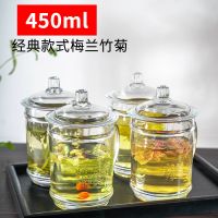 家用水杯玻璃杯带把套装加厚耐热茶杯带盖透明喝水杯子男办公泡茶 梅兰竹菊4只优惠装