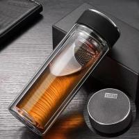 健喜双层玻璃杯男女士水杯便携杯子隔热带盖过滤网茶杯家用泡茶杯 钢本色 300ml平底