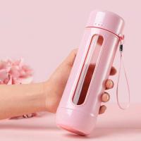 2019新款男女时尚塑玻杯子双层隔热玻璃水杯防漏便携学生杯旅行杯 提绳新款塑玻杯[少女粉] 350ML