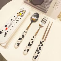 ins 可爱卡通学生不锈钢便携餐具套装筷子勺子叉子三件套儿童盒装 奶牛黑三件套
