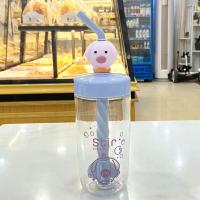 可爱少女心单层塑料杯nis森系韩版卡通儿童搅拌杯学生直饮耐摔杯 迪克猪塑料杯400ml-冰川蓝 单杯子[无]