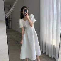 白色裙子连衣裙短袖黑色气质名媛显瘦长款新款ins风夏季女中长裙 白色 S