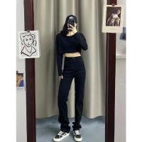 牛仔裤女宽松直筒2021秋冬季新款泫雅高腰显瘦学生垂感拖地阔腿裤 黑色[基础款] S