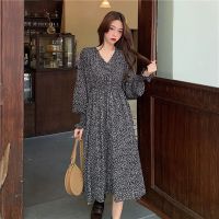 2021秋季新款大码中长款裙子韩版加绒气质显瘦收腰碎花雪纺连衣裙 蓝色春秋款 S 100斤