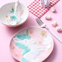 儿童卡通陶瓷餐具独角兽小花猫长颈鹿羊驼美人鱼手绘创意套装饭碗 粉独角兽 勺子