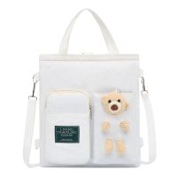 小熊帆布袋女斜挎大容量初中生学生补课包布袋子辅导班补习手提袋 白色